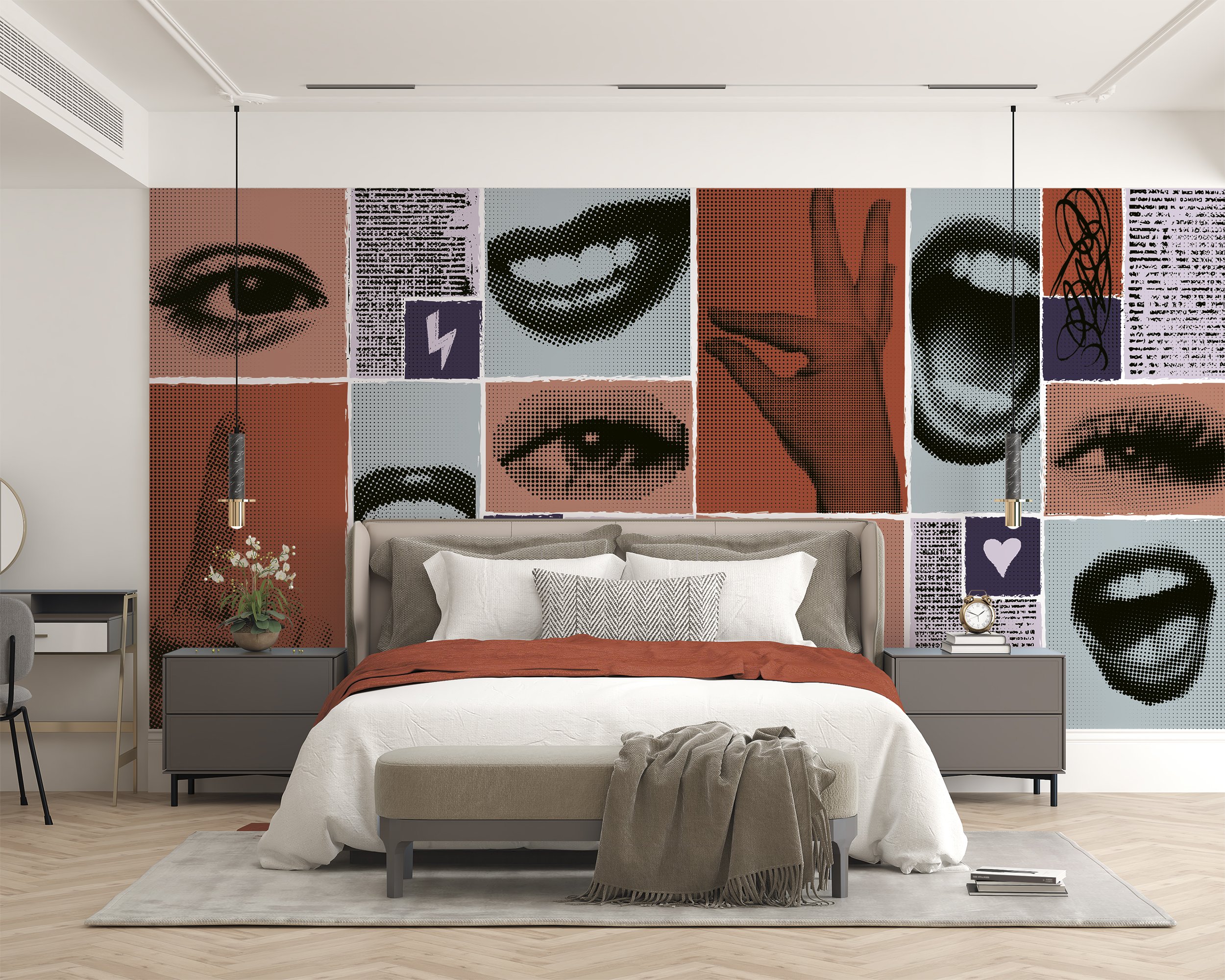 Custom digitally printed wallcovering installed in a designed interior room